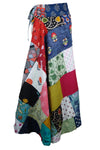 Long Boho Patchwork Wrap Around Skirt in Red in Blue Cotton