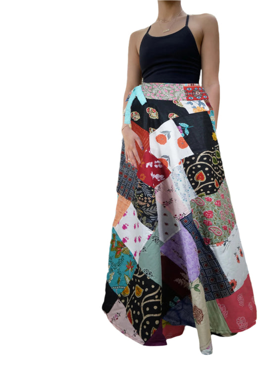 Women Beach Cover Up Unique Retro Black Boho Cotton Patchwork Summer Skirt 