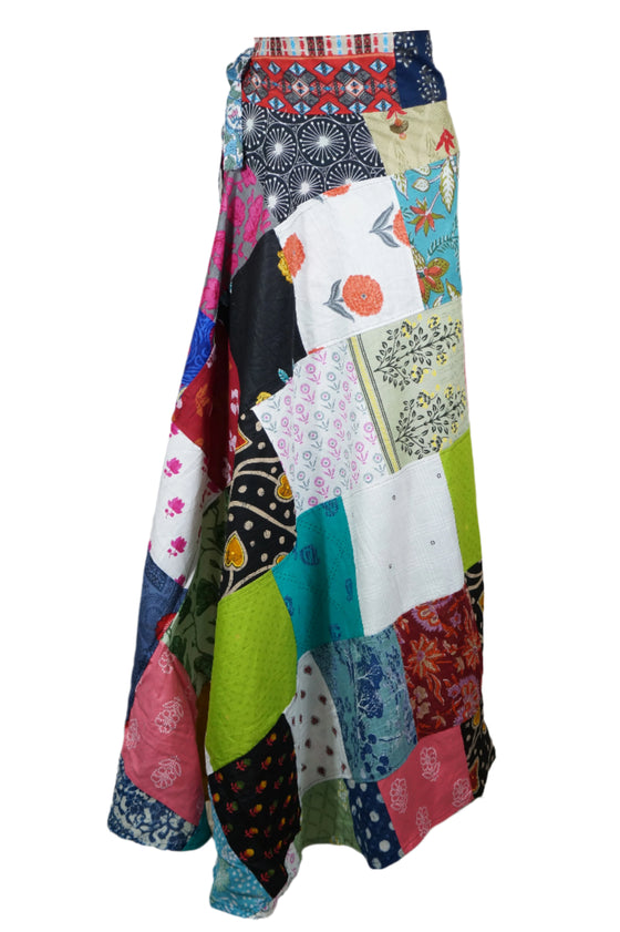 Azure Boho Patchwork Floral Wrap Skirt – Playful Free-Spirited Beach Style