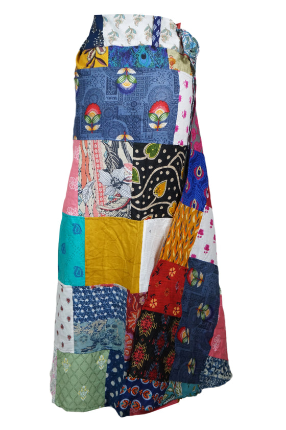 Azure Boho Patchwork Floral Wrap Skirt – Playful Free-Spirited Beach Style