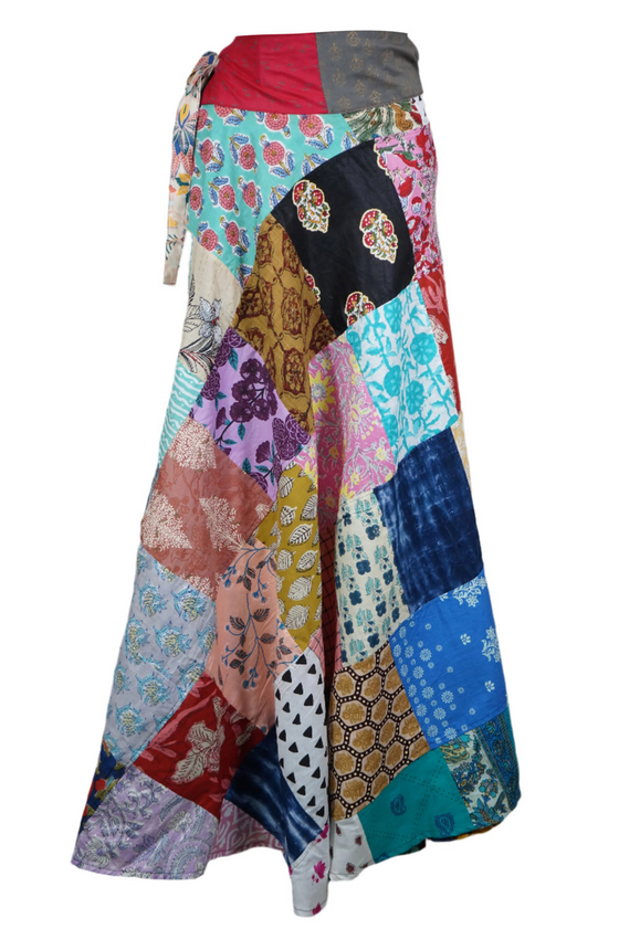 Vibrant Blue Boho Patchwork Wrap Skirt – Free-Spirited Floral Charm Beach Days