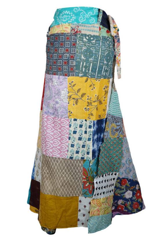 Vibrant Blue Boho Patchwork Wrap Skirt – Free-Spirited Floral Charm Beach Days