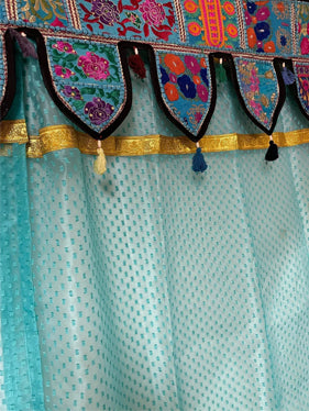 Indian Embroidered Window Topper with Sheer blue Curtains India Toran