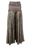 Handmade Bohemian Silk Wide-Leg Pants in Purple and Green – Elegant & Comfortable