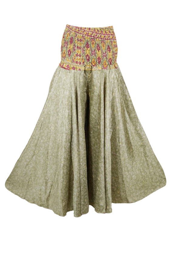 Boho-Chic Sage Green Floral Handmade Silk Palazzo Pants – Flowy and Elegant