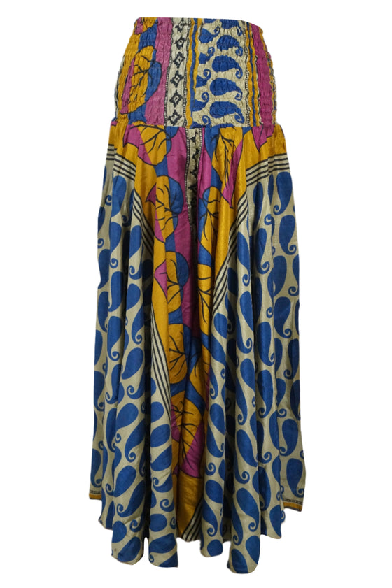 Bohemian Navy Blue, Yellow Flowy Pants Handmade Flared Divided Leg Skirt SM