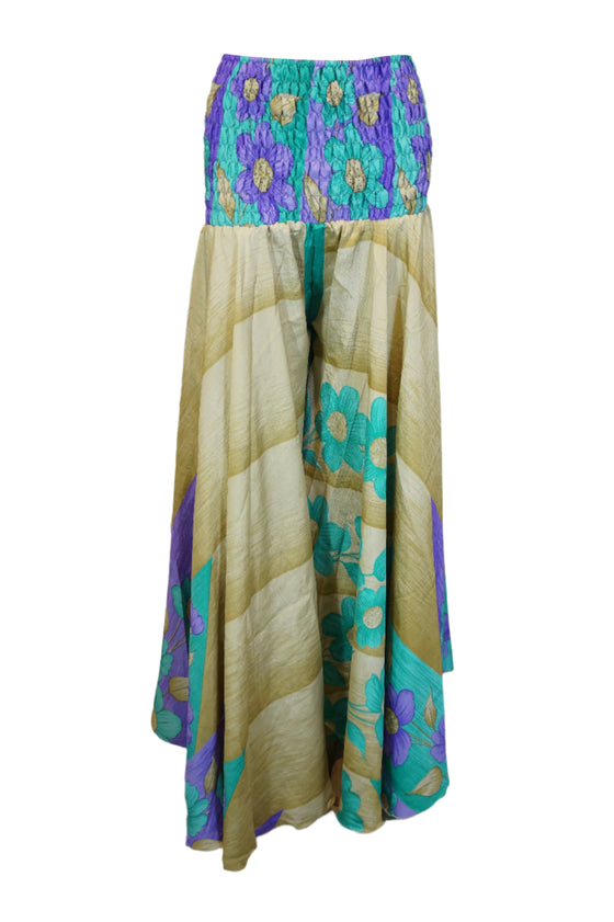 Bohemian Beige & Blue Floral Palazzo – Resort Wear Flowy Divided Pants SM