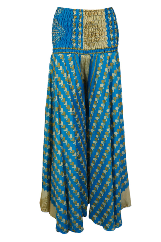 Bohemian Aegean Blue Wide-Leg Palazzo – Flowing Elegance with Divided Pant  SM