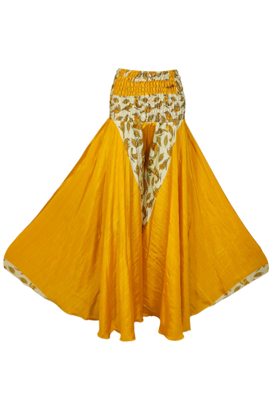 Bohemian Mango Yellow Wide-Leg Pants – Handmade Flowy Split Palazzo Elegance SM