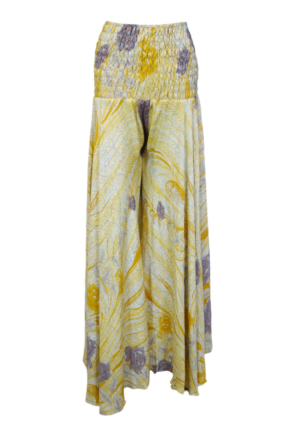 Bohemian Light Yellow Floral Palazzo – Flowy Resort Wear Wide-Leg Pants SM