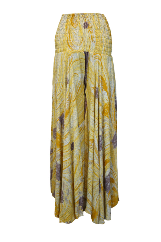 Bohemian Light Yellow Floral Palazzo – Flowy Resort Wear Wide-Leg Pants SM