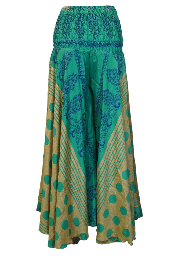 Bohemian Beige & Sea Green Floral Palazzo – Flowy Resort Wear Wide-Leg Pants SM