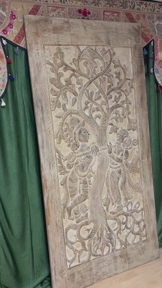 Hand-Carved Wooden Radha Krishna Barn Door Vintage Farmhouse Décor 84x41