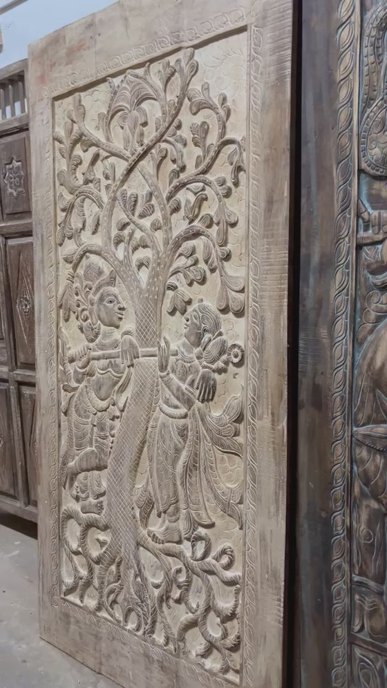 Hand-Carved Wooden Radha Krishna Barn Door Vintage Farmhouse Décor 84x41