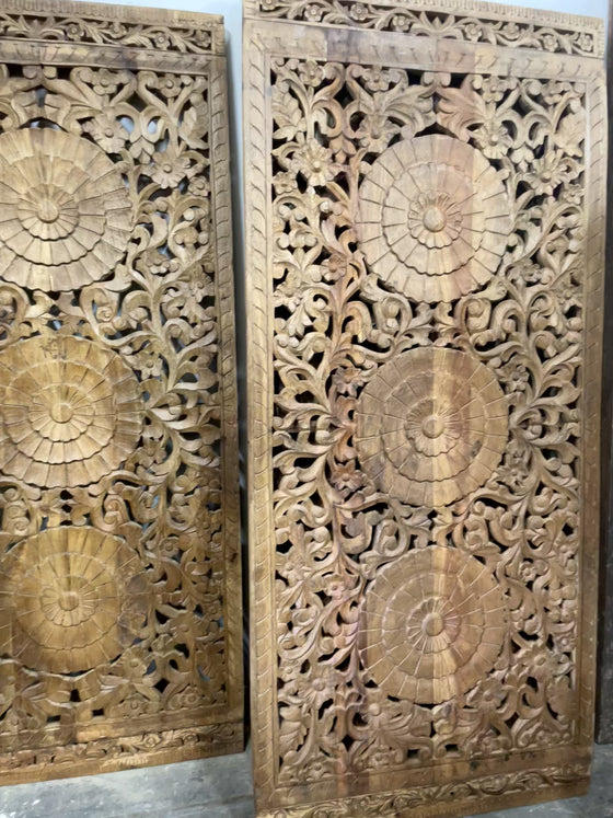 Triple Lotus Carved Lattice Wood Door Vintage Sliding Double Doors 80x36