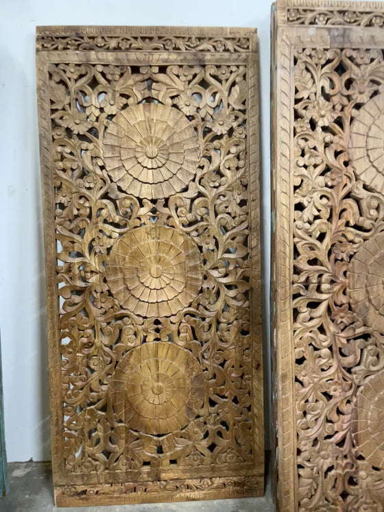 Triple Lotus Carved Lattice Wood Door Vintage Sliding Double Doors 80x36