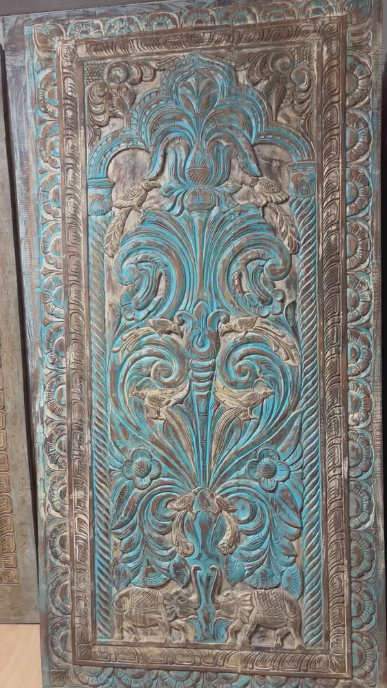 Blue Carved Wooden Sliding Barn Door Artistic Tree of Life Wall Panel 84