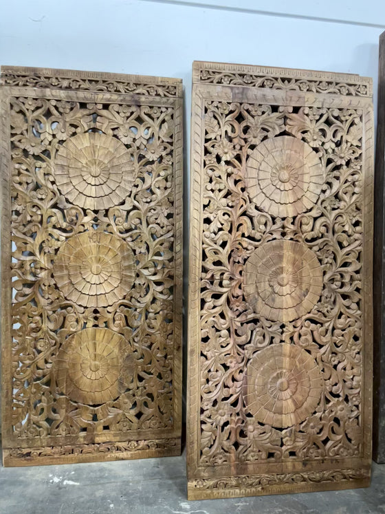 Triple Lotus Carved Lattice Wood Door Vintage Sliding Double Doors 80x36