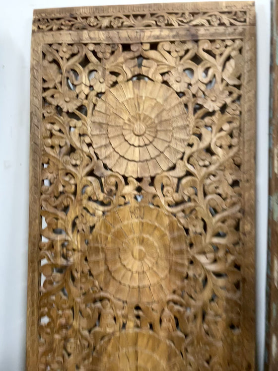 Triple Lotus Carved Lattice Wood Door Vintage Sliding Double Doors 80x36