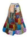 Womens Earthy Mixed Colors Maxi Skirt, Handmade Patchwork Recycle Silk Skirts S/M