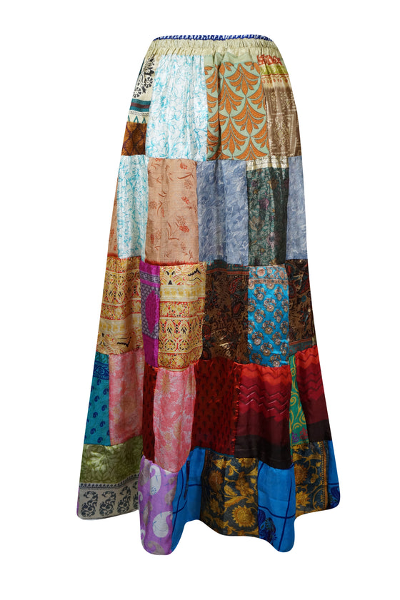 Womens Earthy Mixed Colors Maxi Skirt, Handmade Patchwork Recycle Silk Skirts S/M