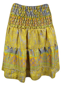  Womens Summer Ruched Elastic Skirt, Yellow Beach Hippy Recycle Silk Skirts S/M