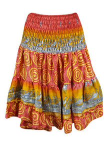  Womens Summer Ruched Elastic Skirt, Red  Beach Hippy Recycle Silk Skirts S/M