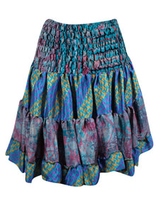  Summer Ruched Elastic Skirt, True Blue Beach Hippy Recycle Silk Skirts S/M