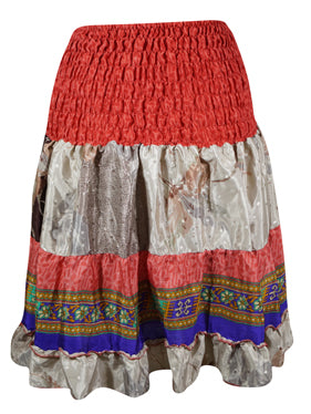 Boho Style Summer Ruched Elastic Skirt, Red Beach Hippy Recycle Silk Skirts S/M