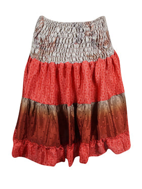 Boho Beach Skirt Ruched Printed Red Trendy Ruffle Skirts S/M