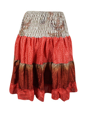 Boho Beach Skirt Ruched Printed Red Trendy Ruffle Skirts S/M