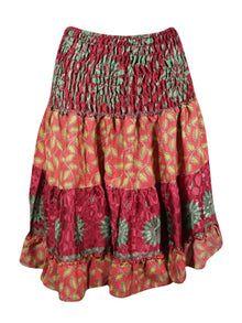  Boho Style Summer Ruched Elastic Skirt, Red Floral Beach Hippy Recycle Silk Skirts S/M