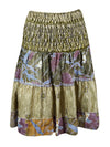 Boho Style Summer Ruched Elastic Skirt, Moss Green Beach Hippy Recycle Silk Skirts S/M