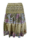 Boho Style Summer Ruched Elastic Skirt, Moss Green Beach Hippy Recycle Silk Skirts S/M