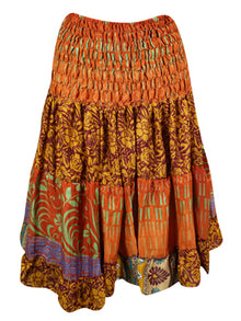  Womens Summer Ruched Elastic Skirt, Orange Floral  Beach Hippy Recycle Silk Skirts S/M