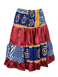  Womens Summer Ruched Elastic Skirt, Red, Blue Beach Hippy Recycle Silk Skirts S/M