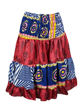 Womens Summer Ruched Elastic Skirt, Red, Blue Beach Hippy Recycle Silk Skirts S/M