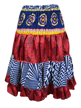 Womens Summer Ruched Elastic Skirt, Red, Blue Beach Hippy Recycle Silk Skirts S/M