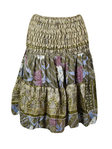  Boho Style Summer Ruched Elastic Skirt, Moss Green Beach Hippy Recycle Silk Skirts S/M