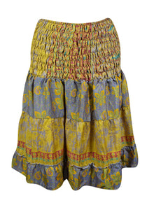  Womens Summer Ruched Elastic Skirt, Yellow Beach Hippy Recycle Silk Skirts S/M