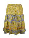 Womens Summer Ruched Elastic Skirt, Yellow Beach Hippy Recycle Silk Skirts S/M