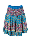 Womens Summer Ruched Elastic Skirt, Blue Floral Beach Hippy Recycle Silk Skirts S/M