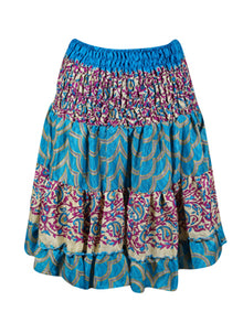  Womens Summer Ruched Elastic Skirt, Blue Floral Beach Hippy Recycle Silk Skirts S/M