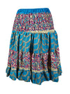 Womens Summer Ruched Elastic Skirt, Blue Floral Beach Hippy Recycle Silk Skirts S/M