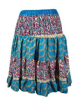 Womens Summer Ruched Elastic Skirt, Blue Floral Beach Hippy Recycle Silk Skirts S/M