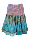 Summer Ruched Elastic Skirt, True Blue Beach Hippy Recycle Silk Skirts S/M