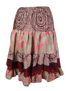 Summer Ruched Elastic Skirt, Red Beach Hippy Recycle Silk Skirts S/M