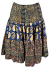 Summer Ruched Elastic Skirt, Blue Beige Beach Hippy Recycle Silk Skirts S/M