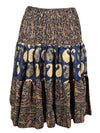 Summer Ruched Elastic Skirt, Blue Beige Beach Hippy Recycle Silk Skirts S/M