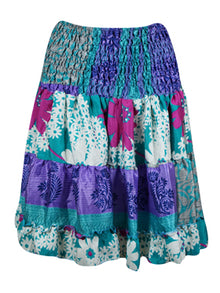  Boho Style Summer Ruched Elastic Skirt, Blue Beach Hippy Recycle Silk Skirts S/M